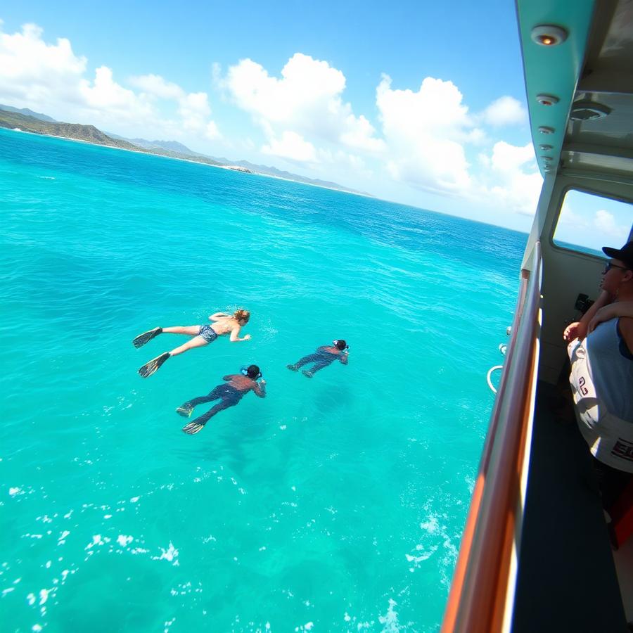 Placeholder — Guests snorkeling in turquoise water beside the boat