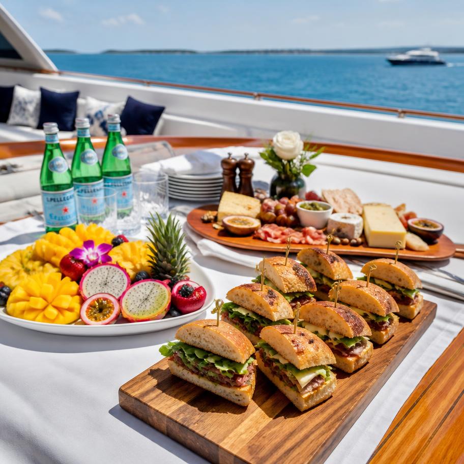Placeholder — gourmet lunch spread on the teak deck of the yacht