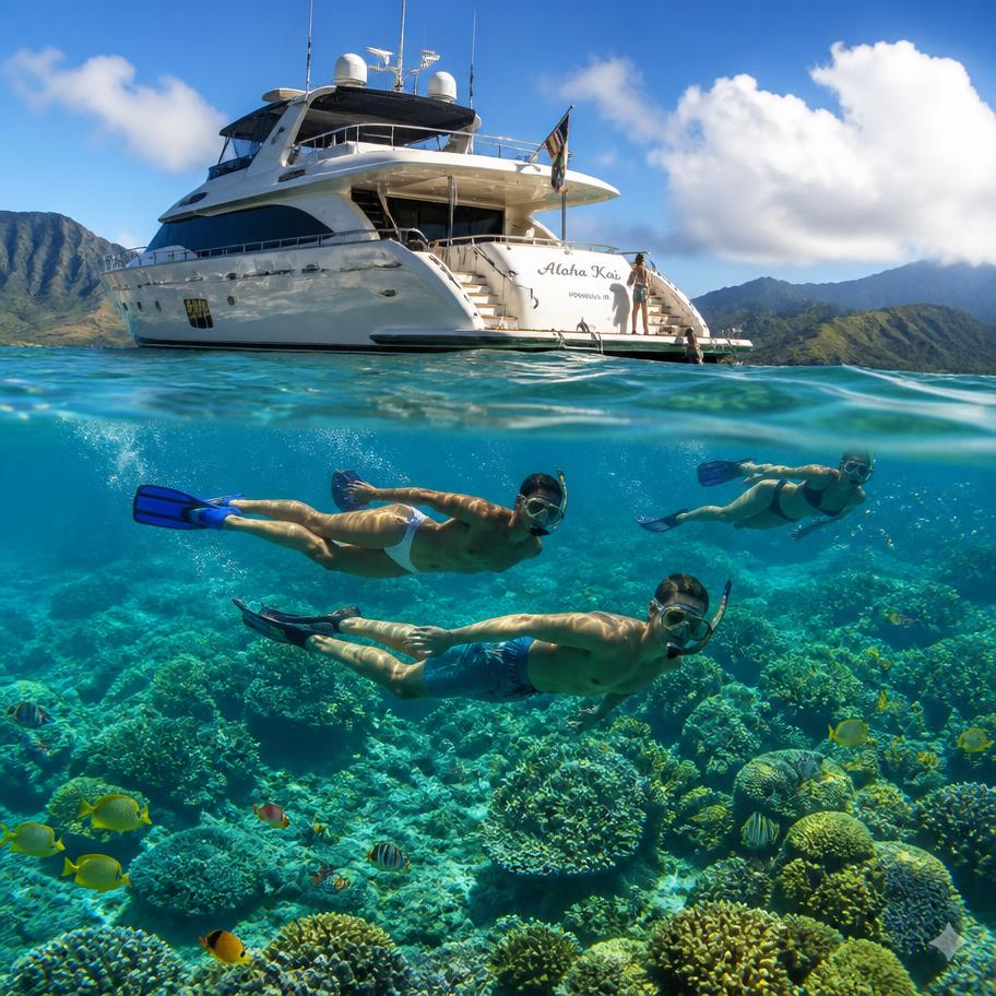 Placeholder — guests snorkeling in clear water beside the yacht