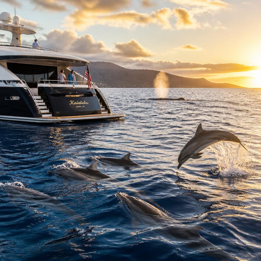 Placeholder — dolphins swimming alongside the yacht at sunset