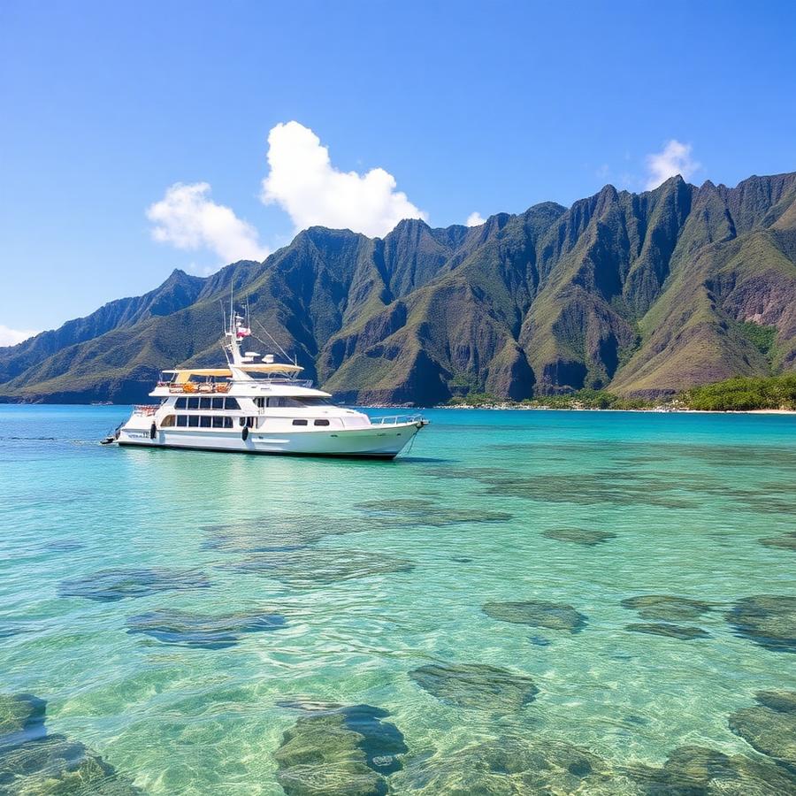 Placeholder — the tour boat anchored in shallow Kaneohe Bay water
