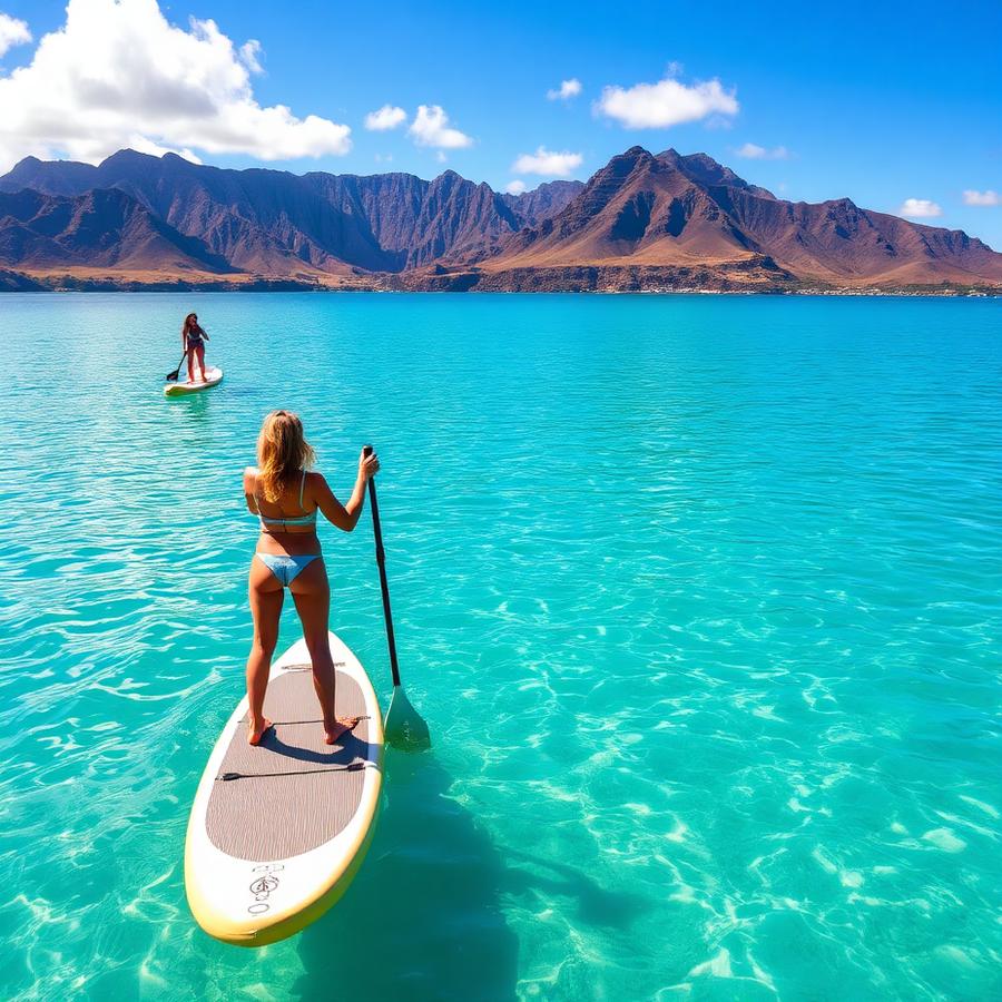 Placeholder — a guest stand-up paddleboarding on the calm bay